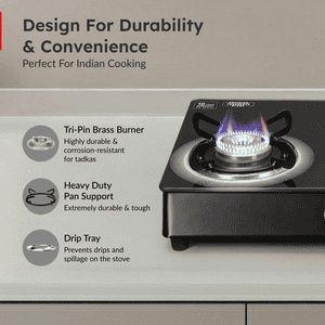Prestige Royale Plus GT 03L Toughened Black Glass Top Gas Stove | 3 Brass Burners | Black