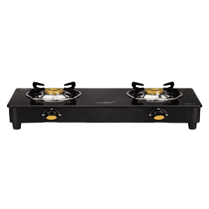 V-Guard Idalia Gas Stove | 2 Burner | Glass Top | Black
