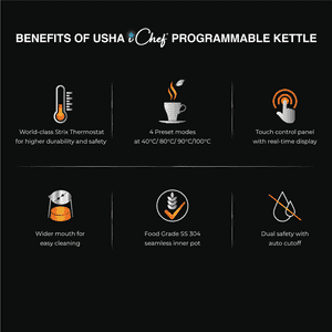 Usha ICHEF Programmable Electric Kettle | Digital LED Display and Touch Control | 1.5 L | Black