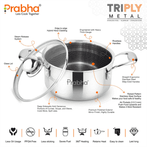 Prabha Triply Hexa Cube Casserole | Glass Lid | 8.5 L | 28 cm | Silver