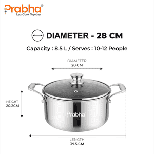 Prabha Triply Hexa Cube Casserole | Glass Lid | 8.5 L | 28 cm | Silver