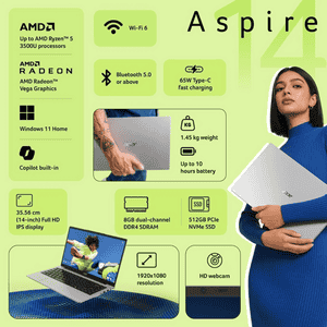 Acer Aspire 14 AMD Ryzen 5 Laptop | 8 GB | 512 GB | Windows 11 Home | Light Silver | UN.37ZSI.008