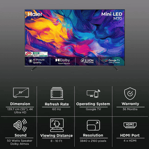 Haier Mini LED AI Smart Google TV | 139 Cm ( 55 Inch ) | Black | 55M70UHMINI