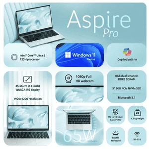 Acer Aspire Pro Thin and Light Laptop | Intel Core Ultra 5 | 8 GB | 512 GB | Windows 11 Home | Light Silver | UN.37SSI.002