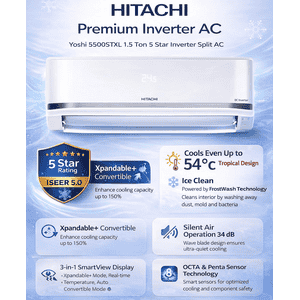 Hitachi Inverter Split AC | 1.5 Ton | 5 Star | White | Yoshi 5500STXL | RAS V518PCDIST