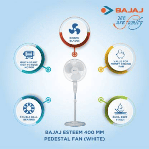 BAJAJ Esteem Pedestal Fan | 400 mm 3 Blade | White