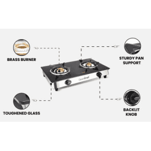 Greenchef NAMO Series Glass Manual Gas Stove | 2 Burners