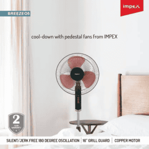 IMPEX Breeze O5 Pedestal Fan | 400 mm | 3 Blade | Black