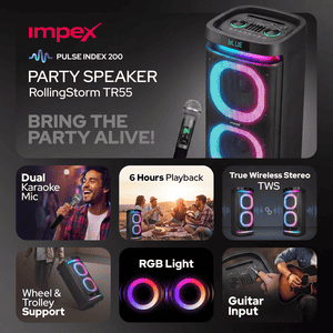 Impex RollingStorm Party Speaker | 200W | Dual Rechargeable Wireless Karaoke Mics | Black | TR55