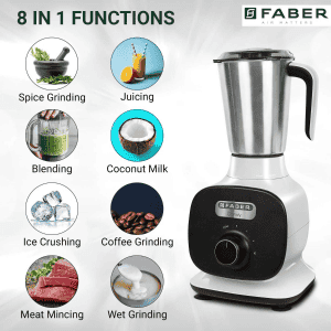 Faber 800W Mixer Grinder with 3 Stainless Steel Jar FMG Candy 800 3J BW | White