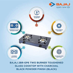 BAJAJ GP6 Stainless Steel Glass Gas Stove | 2 Burner | Black