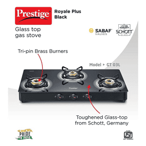 Prestige Royale Plus Schott Glass 3 Burner Gas Stove | Manual Ignition | Black