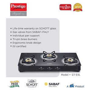 Prestige Royale Plus Schott Glass 3 Burner Gas Stove | Manual Ignition | Black