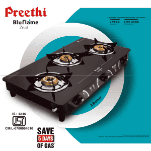 Preethi Zeal glass top 3 burner gas stove | Manual Ignition | Black | GTS124