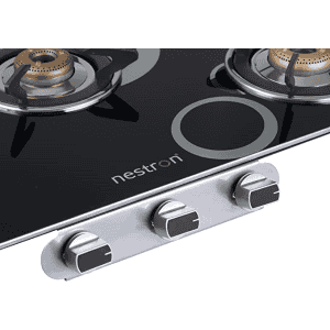 Nestron Nuclea 3 Burner | High Powered Brass Burner Gas Stove | Cooktop with Glass Top and Stainless Steel Body