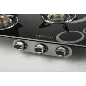 Nestron Nuclea 3 Burner | High Powered Brass Burner Gas Stove | Cooktop with Glass Top and Stainless Steel Body