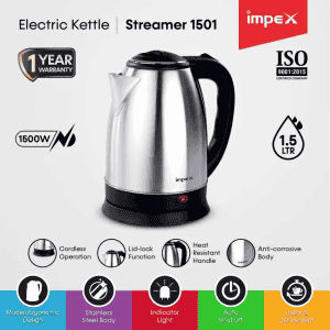 Impex STEAMER Stainless Steel Electric Kettle | 1.5 L | 1500 Watts | Silver | 1501