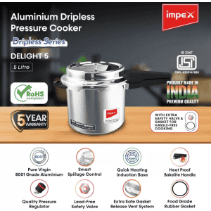 IMPEX DELIGHT | 5 Virgin Aluminium Dripless |  5 L | Induction Bottom Pressure Cooker | Aluminium
