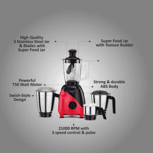 Preethi Peppy Plus MG 246 Mixer Grinder | 750 W | 4 Jars | Black, Red