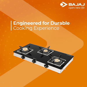 Bajaj 3 Burner Glass Top Gas Stove | Cast Iron Look | Black | 3BJGS7