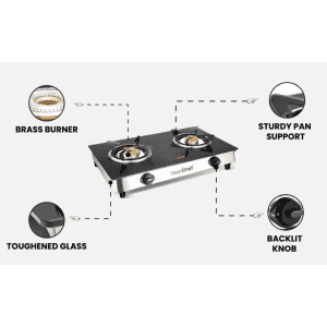 Greenchef NAMO Series Glass Manual Gas Stove | 2 Burners | Black
