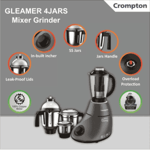 Crompton Gleamer Juicer Mixer Grinder  | 4 jar | 750X 750 W | Grey
