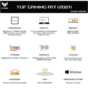 ASUS TUF Gaming A17 with 90Whr Battery Ryzen 7 Octa Core AMD R7-4800H | 8 GB/512 GB SSD | FA706ICB-HX061W | Graphite Black