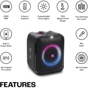 JBL PartyBox Encore Essential Music Synced Strobe Lightshow | PartyBox App 100 W Bluetooth Party Speaker | Black