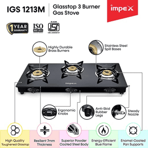 Impex Glass Top Gas Stove | 3 Burner | Black | IGS 1213M