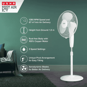 Usha Mist Air Icy Pedestal Fan | 3 Blade | White