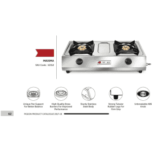 Pigeon Maxima Stainless Steel Manual Gas Stove | 2 Burners