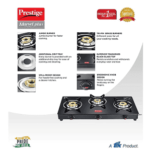 Prestige Marvel Plus Glass top Gas Stove | 3 Burner | GTM 03 | Black