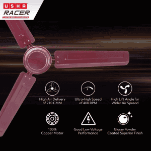 USHA Racer Ceiling Fan | Ultra High Speed  | 3 Blade | 1200 mm | Rich Brown