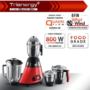 Usha Trienergy Plus Mixer Grinder | TP800MX4 | 800 Watt | 4 Jar | Black and Red