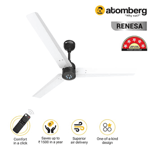 Atomberg Renesa Ceiling Fan with Remote | 3 Blade | 1200mm | BLDC Motor | White & Black
