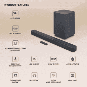 JBL Bluetooth Soundbar 500 Pro | Dolby Atmos | Wireless 3D Surround | 590 W | 5.1 Channel | Black | JBLBAR500PROBLKIN RS