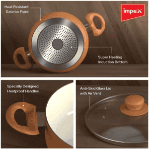 IMPEX PEARL 3012 Aluminium, Non-stick Pot with Lid |  30 cm diameter | 8 L capacity | Gold, Orange