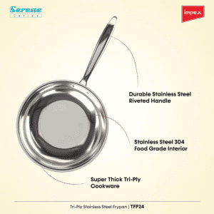IMPEX Serene Triply Fry Pan | 24 cm diameter | 1 L capacity | Stainless Steel