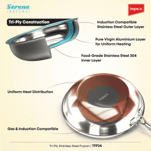 IMPEX Serene Triply Fry Pan | 24 cm diameter | 1 L capacity | Stainless Steel