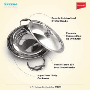 IMPEX Serene Triply Kadhai with Lid | 1.4 L capacity | 20 cm diameter | Stainless Steel