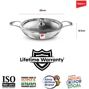 IMPEX Serene Triply Kadhai with Lid | 1.4 L capacity | 20 cm diameter | Stainless Steel