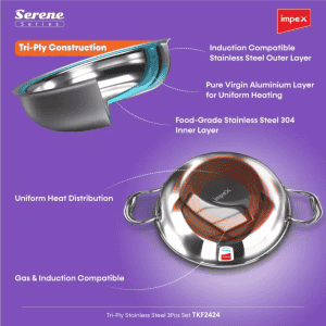 IMPEX Serene Triply 2Pcs Induction Bottom Cookware Set (Kadhai pan ,Fry pan) | Stainless Steel
