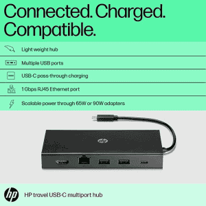 HP Travel USB-C Multi Port Hub Docking Station with USB-C, RJ-45, HDMI, SD and Micro SD Slots - 1C1Y5AA | Black
