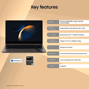Samsung Galaxy Book3 360 Touchscreen Laptop | NP730QFG-KA1IN | 13.3" | Intel 13th Gen i7/EvoTM Super Amoled 2-in-1 | 16 GB/512GB SSD/Windows11/MSOffice/BacklitKB/Fingerprint Sensor | Graphite