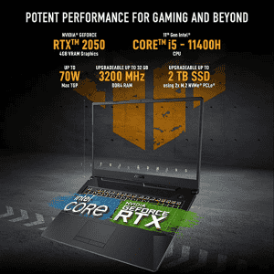 ASUS TUF  Gaming Laptop | FX506HF-HN024W |  F15, Intel Core i5-11400H 11th Gen |15.6-inch | FHD 144Hz | 8GB/512GB SSD/4GB NVIDIA GeForce RTX 2050/Win 11/ RGB Backlit KB | Black