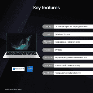 Samsung Galaxy Book2 NP750  FHD T&L Laptop | NP750XED-KC2IN | Intel 12th Gen core i7 | 16 GB/512 GB/Win 11/MSO 21/Backlit Keyboard/Fingerprint Reader | Silver | NP750XED-KC2IN