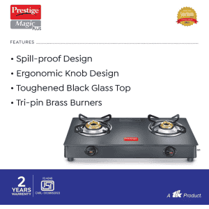 Prestige Magic Plus Glass Manual Gas Stove | 2 Burners | Black | GTMP 02