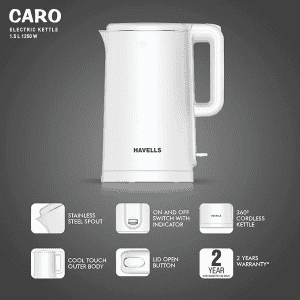 Havells Caro 1.5 litre Double Wall Electric Kettle | 1250 Watt | White