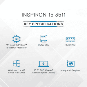 DELL/Inspiron Intel Core i5/11th Gen 1135G7/(8 GB/512 GB SSD/Windows 11 Home)/Inspiron 3511/Thin and Light Laptop/(15.6 inch, Carbon Black, 1.8 kg, With MS Office)