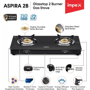 IMPEX ASPIRA 2B Glasstop Stainless Steel Manual Gas Stove | 2 Burner | Black